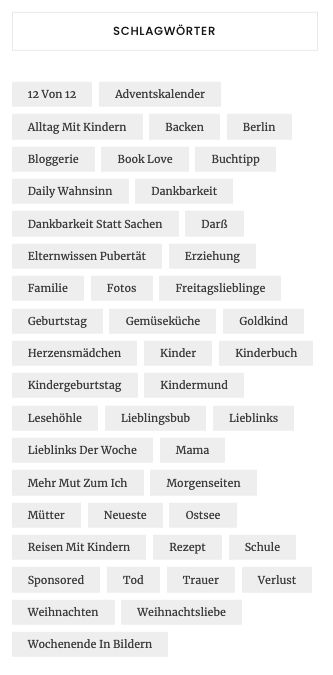 Schlagwortwolke in der rechten Seitenleiste bei BerlinMitteMom: Ein gängiges Content-Element bei vielen Lifestyle-Blogs.