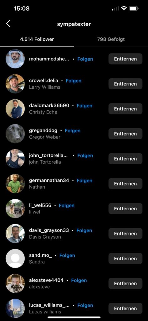 Screenshot meiner 11 neuesten Follower auf Instgram: Da ist kein echtes Profil darunter, das sind alles Fake Follower.