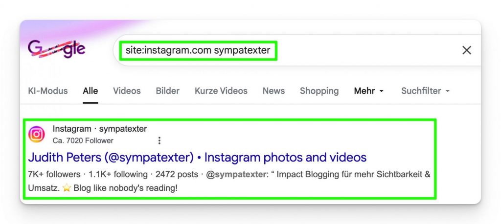 Google Suche nach deinem Instagram-Profil.