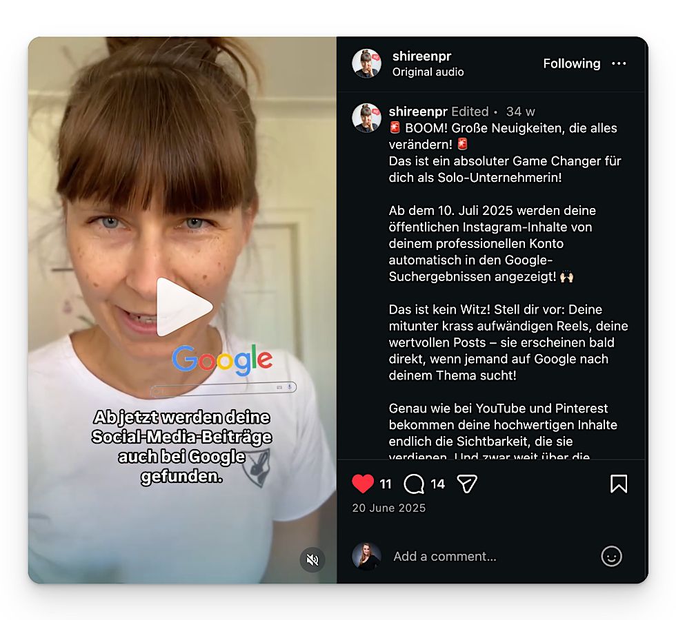 Screenshot von einem Reel von Shireen Predehl zum Thema: Google indexiert jetzt auch Instagram-Posts!