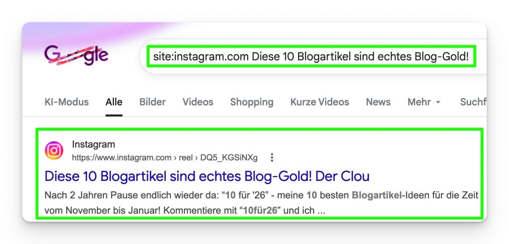 Google Suche nach einem konkreten Instagram-Posting.
