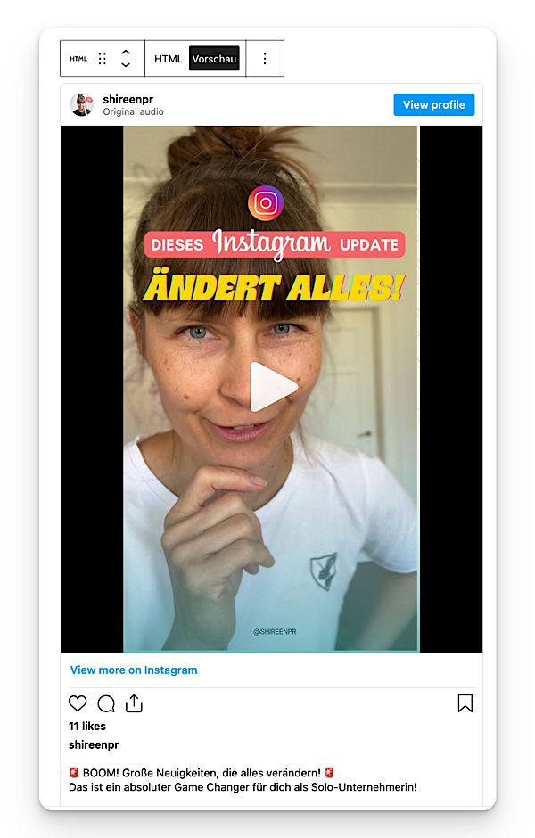 So sieht das eingebettete Instagram-Posting in einem WordPress-Blogartikel aus: Inklusive Startbild, Beitragstext und Anzahl der Likes und Kommentare.