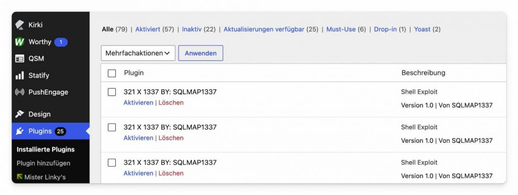 3 verdächtige Plugins in meiner Mediathek, alle haben "Shell Exploit" in der Beschreibung. Das sind ganz klar Schad-Plugins! Dieser Schreckmoment war der Vorläufer meines Website-Relaunches mit KI.