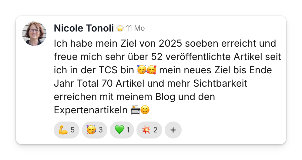 Community-Beitrag von Nicole Tonoli: 52 veröffentlichte Blogartikel seit dem Start in der TCS, neues Ziel sind 70