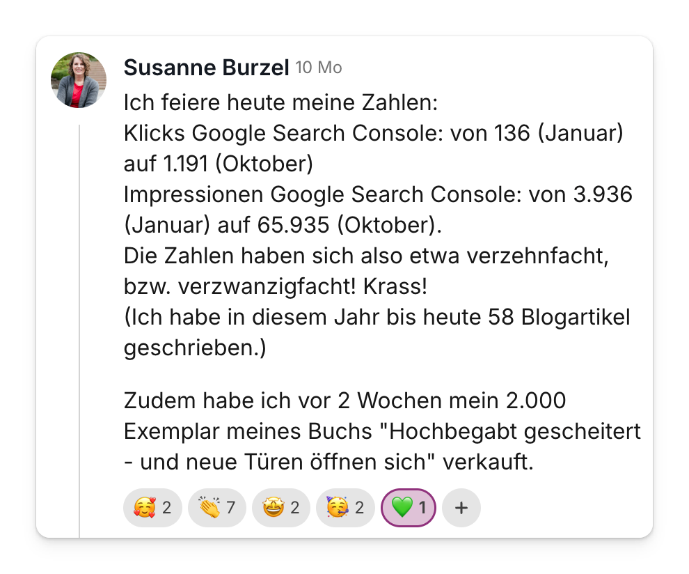 Community-Beitrag von Susanne Burzel: Klicks in der Search Console von 136 auf 1.191, Impressionen von 3.936 auf 65.935 - und 2.000 verkaufte Bücher