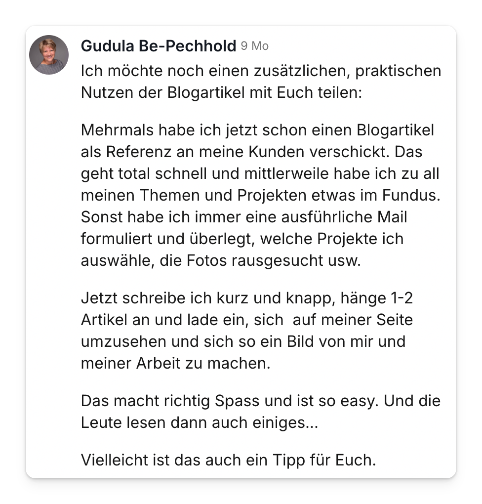 Community-Beitrag von Gudula Be-Pechhold: Blogartikel gehen als Referenz an Kunden statt langer Mails