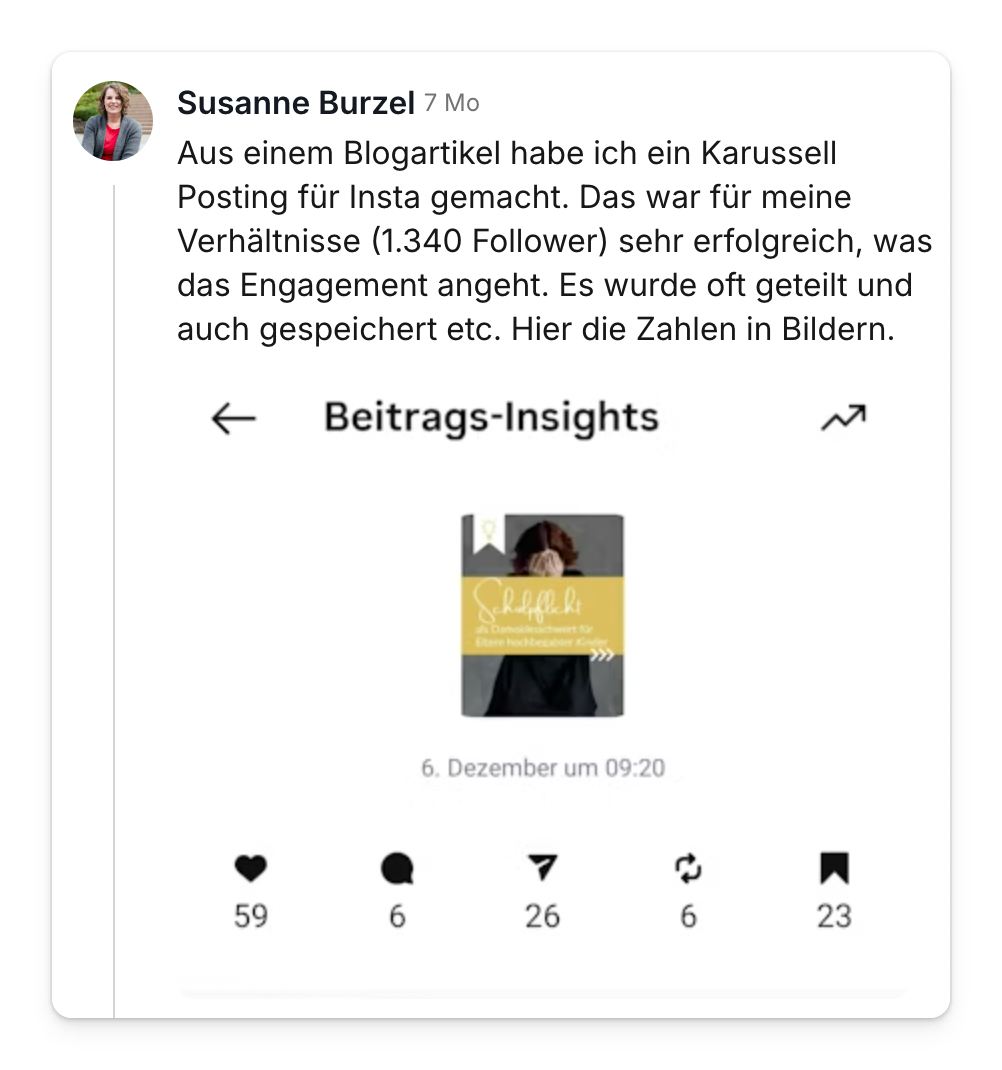 Community-Beitrag von Susanne Burzel: Karussell-Posting aus einem Blogartikel mit starkem Engagement