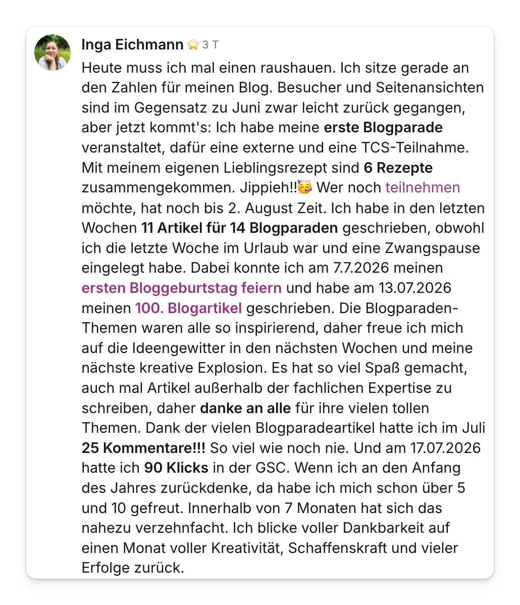 Community-Beitrag von Inga Eichmann: 100. Blogartikel, 25 Kommentare im Juli und die Klicks in der Search Console verzehnfacht